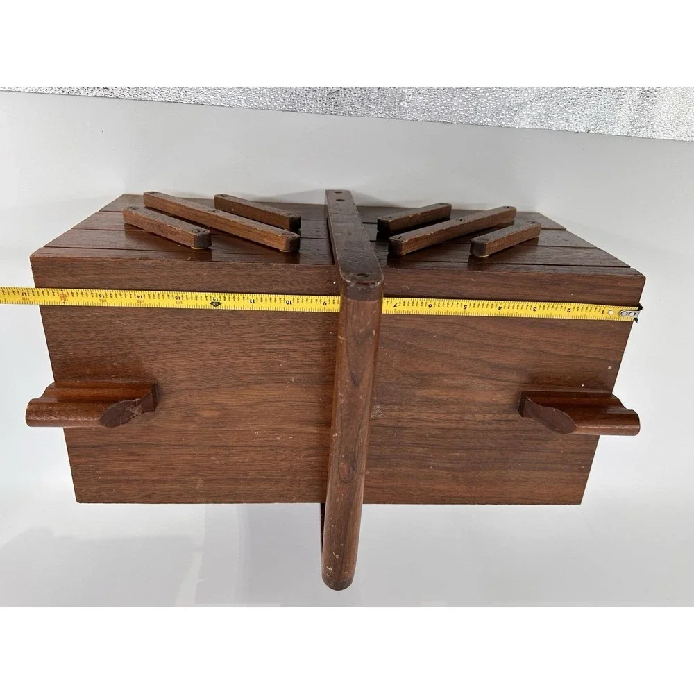 Vintage Mid Century Wooden Accordion Fold Out Sewing Box Cantilever Sewing Box